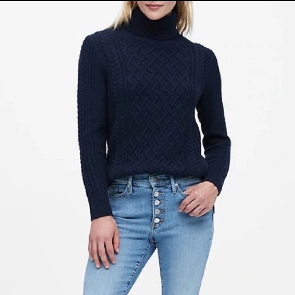 Banana Republic Size S Navy Blue Turtle Neck Tunic Cable Knit Pullover Sweater